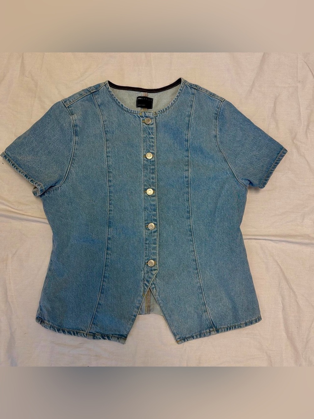Button-Front Short Sleeve Denim Top - Light Blue